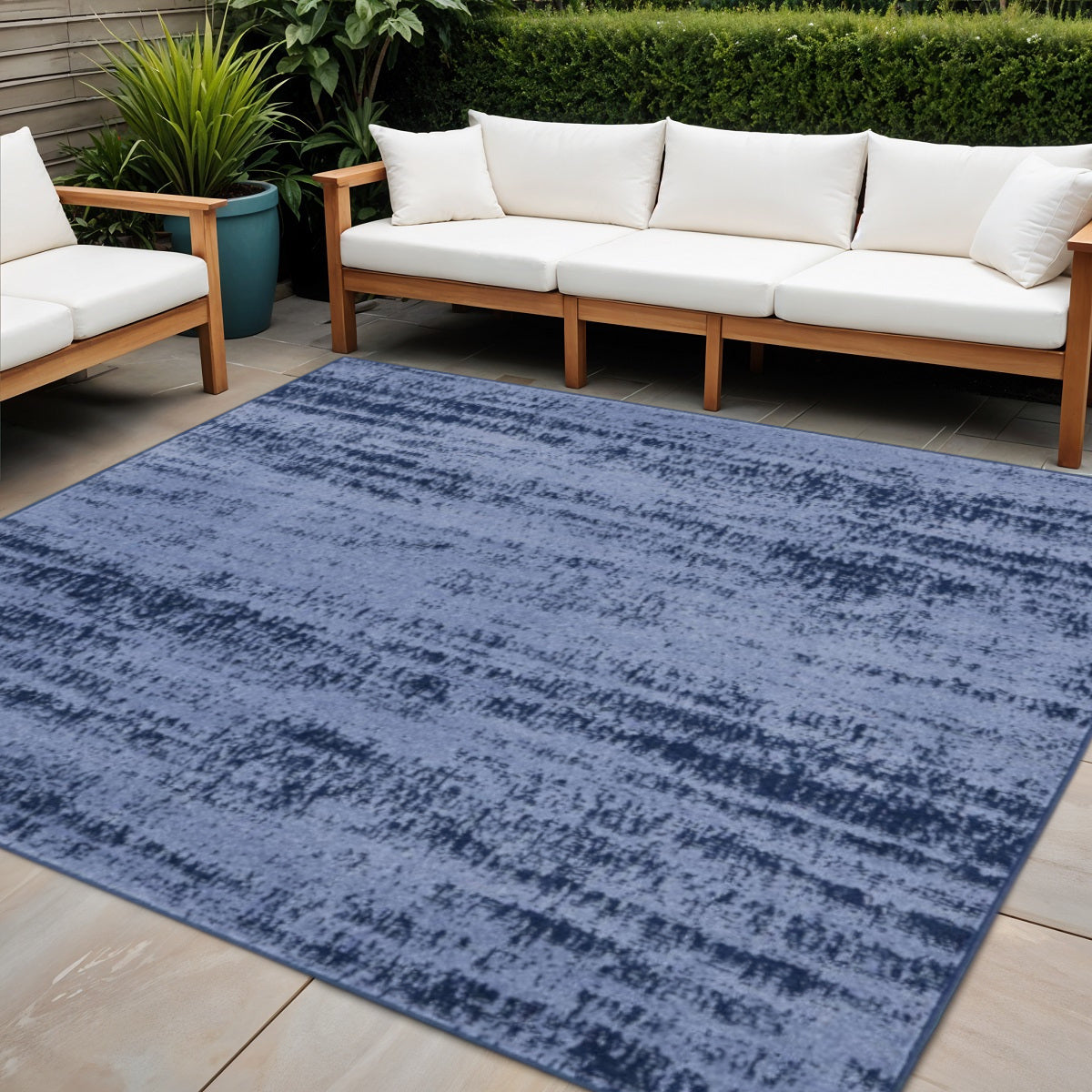 5 Denim Blue And Navy Blue Square Abstract Indoor Outdoor Area Rug