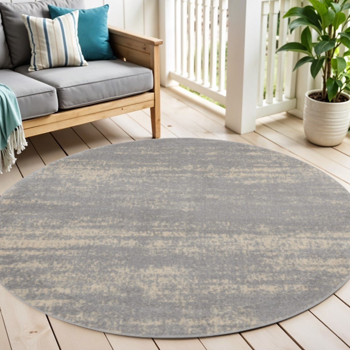 4 Gray And Beige Round Abstract Indoor Outdoor Area Rug