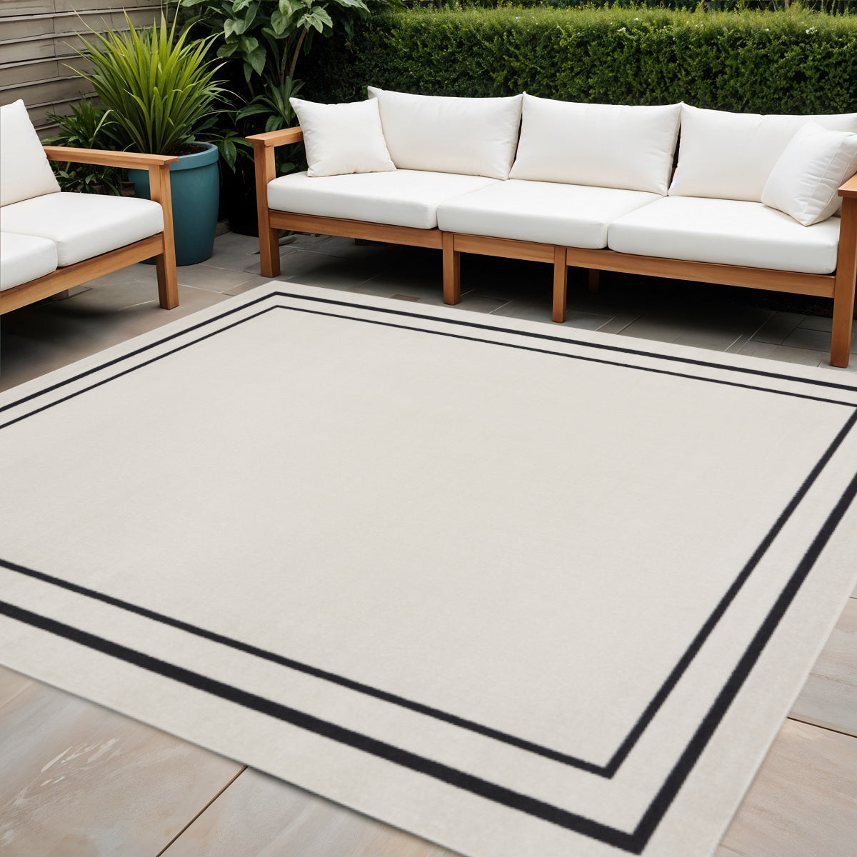 5 Ivory And Black Square Indoor Outdoor Area Rug
