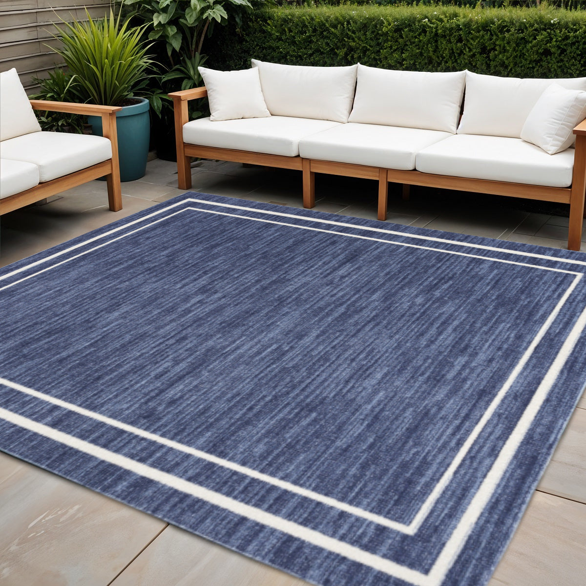 5 Navy Blue And Ivory Square Indoor Outdoor Area Rug