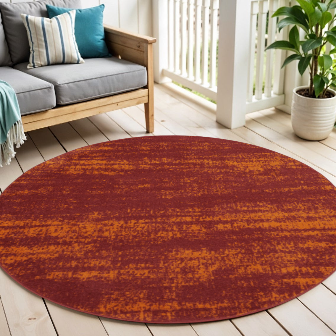 6 Red And Orange Round Abstract Indoor Outdoor Area Rug