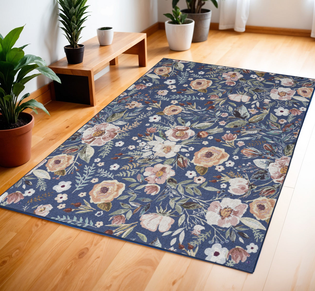 4' X 6' Blue and Pink Floral Power Loom Non Skid Area Rug