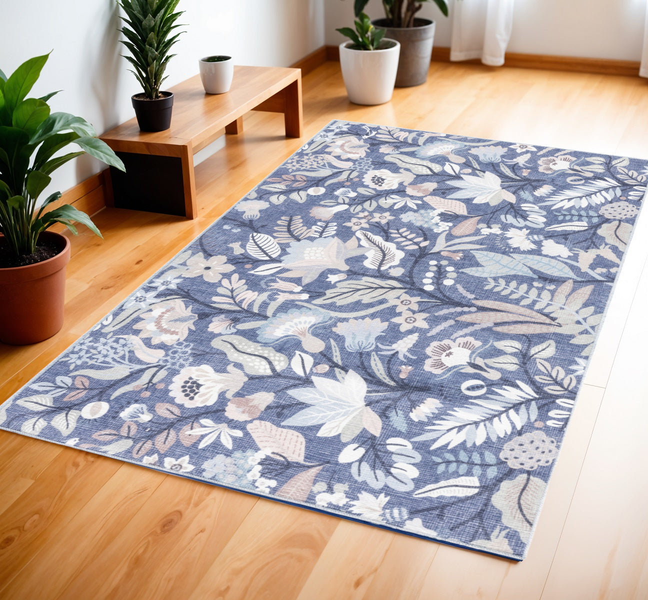 4' X 6' Blue and Ivory Floral Power Loom Washable Non Skid Area Rug