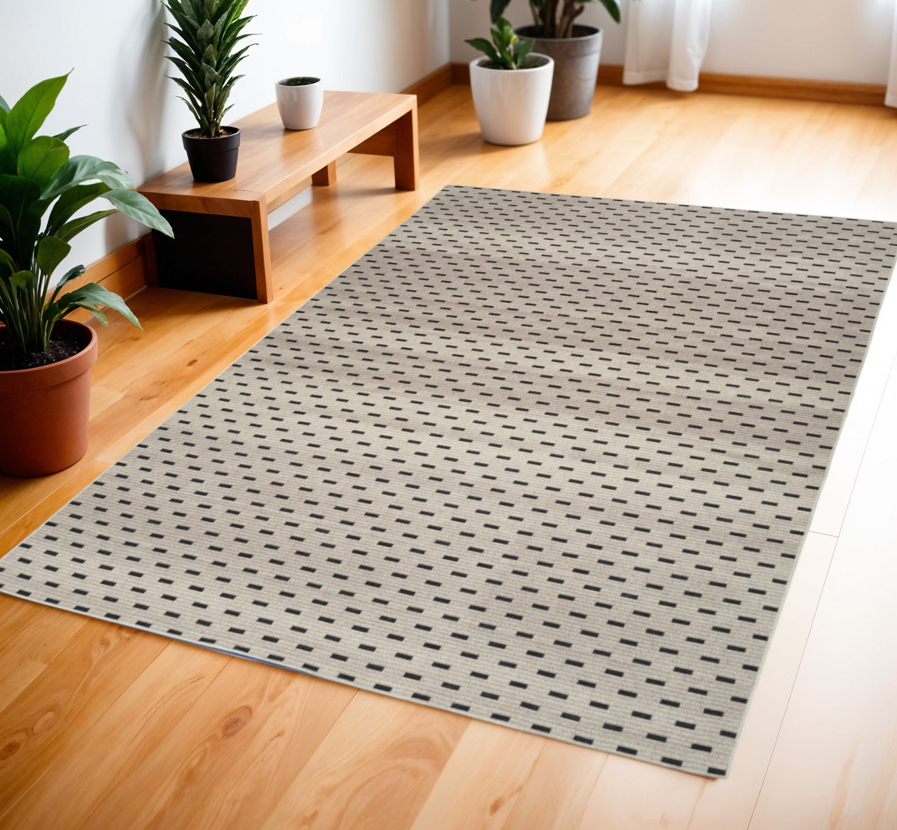 4' X 6' Beige and Black Geometric Power Loom Washable Non Skid Area Rug