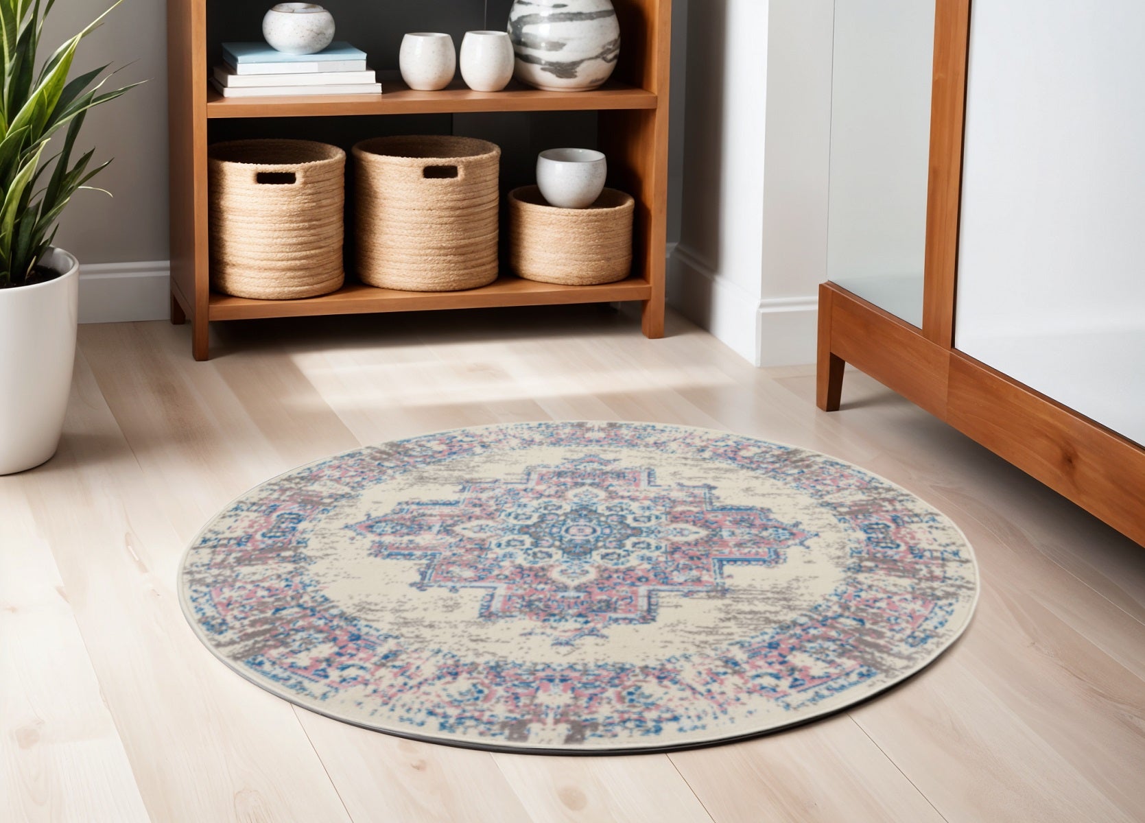 4' Ivory Pink And Blue Medallion Distressed Round Rug