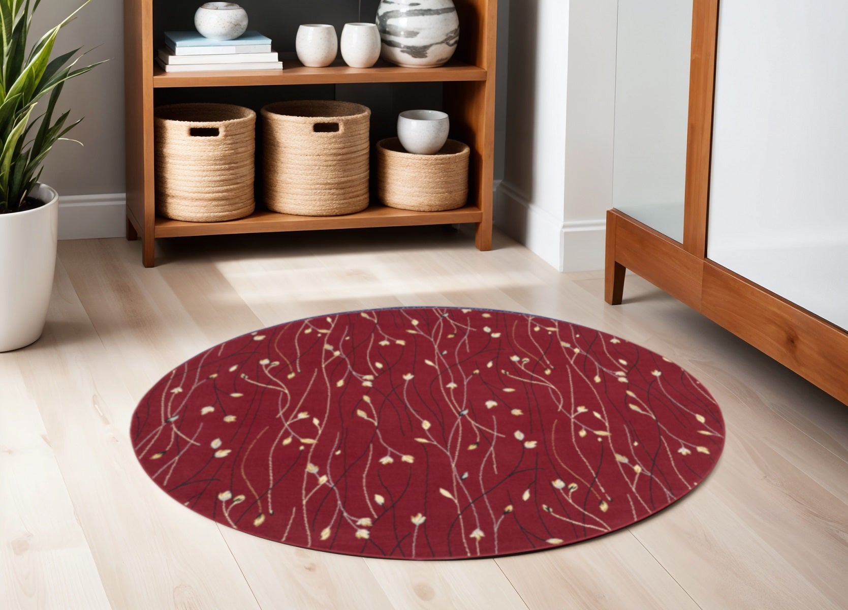 4' Red Black And Ivory Floral Vines Round Rug