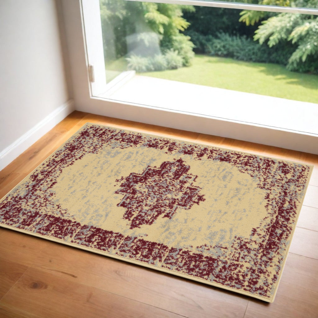 3' X 5' Cream Gray and Red Medallion Distressed Non Skid Area Rug