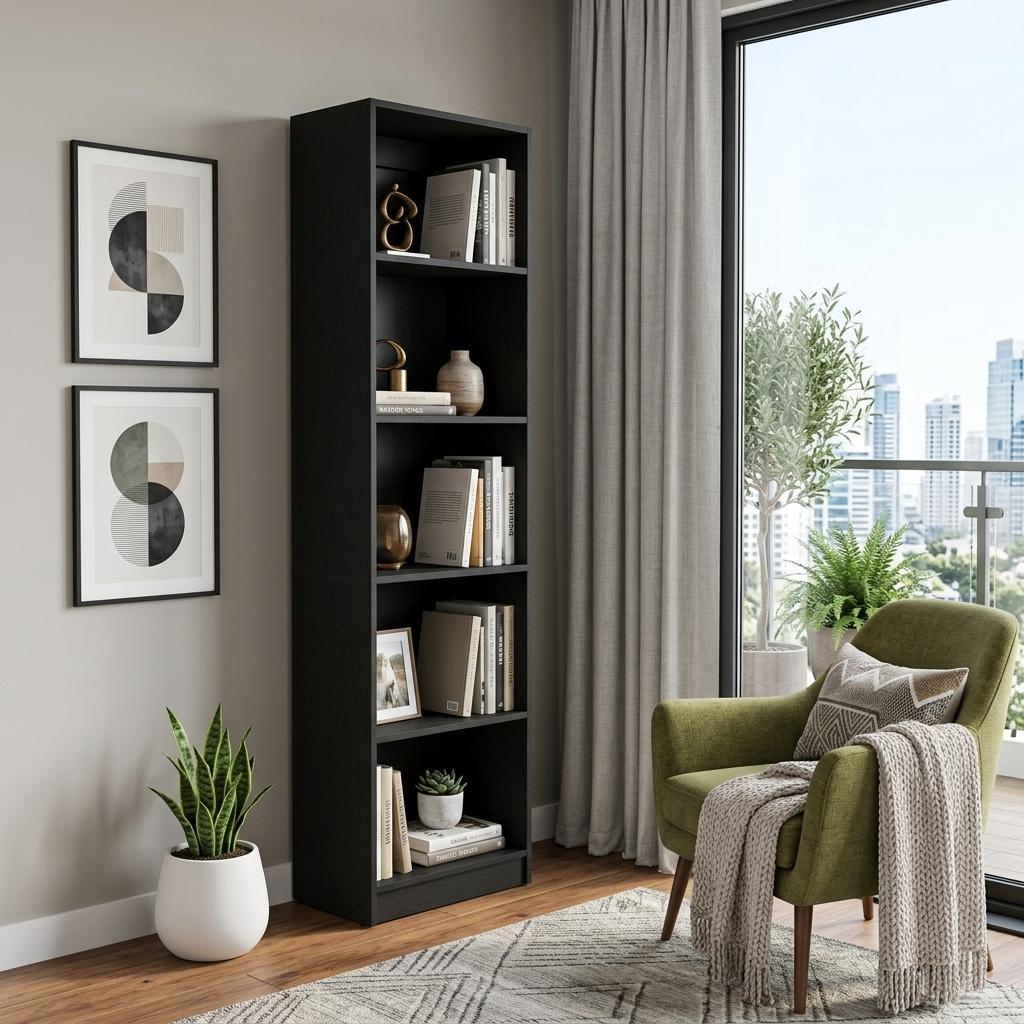 70 Black Wood Five Tier Bookcase