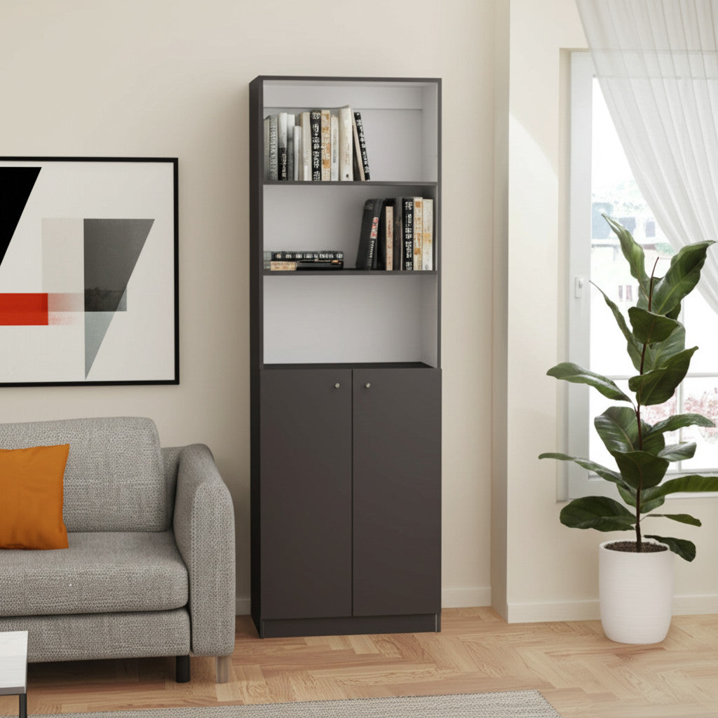 71 Gray And White Wood Three Tier Bookcase with Two Doors