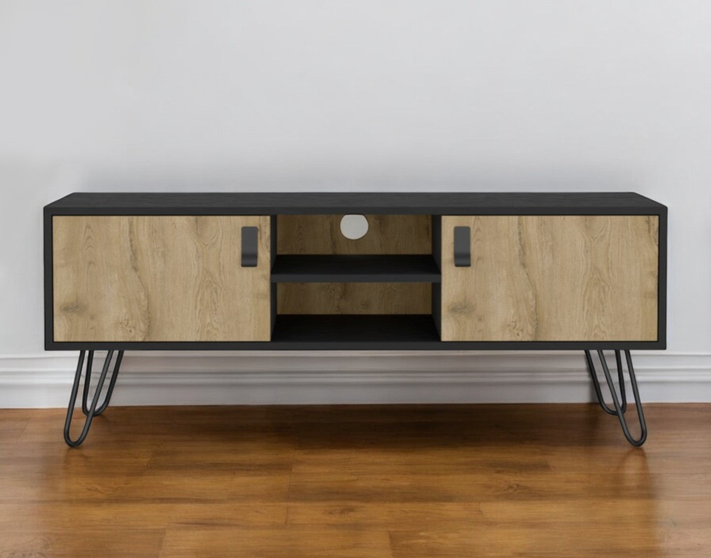 48'' Beige and Black Cabinet Open And Enclosed Storage TV Stand