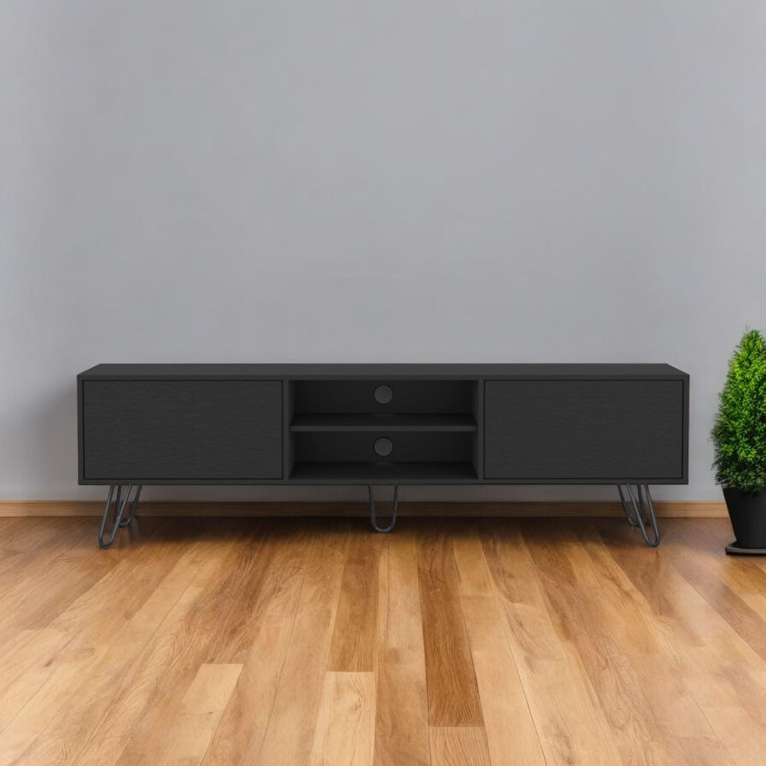 71'' Black Wood Enclosed And Open Storage TV Stand