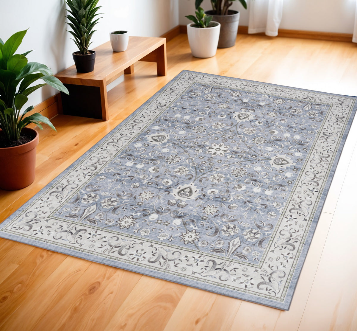 4' X 6' Beige and Blue Floral Distressed Non Skid Area Rug