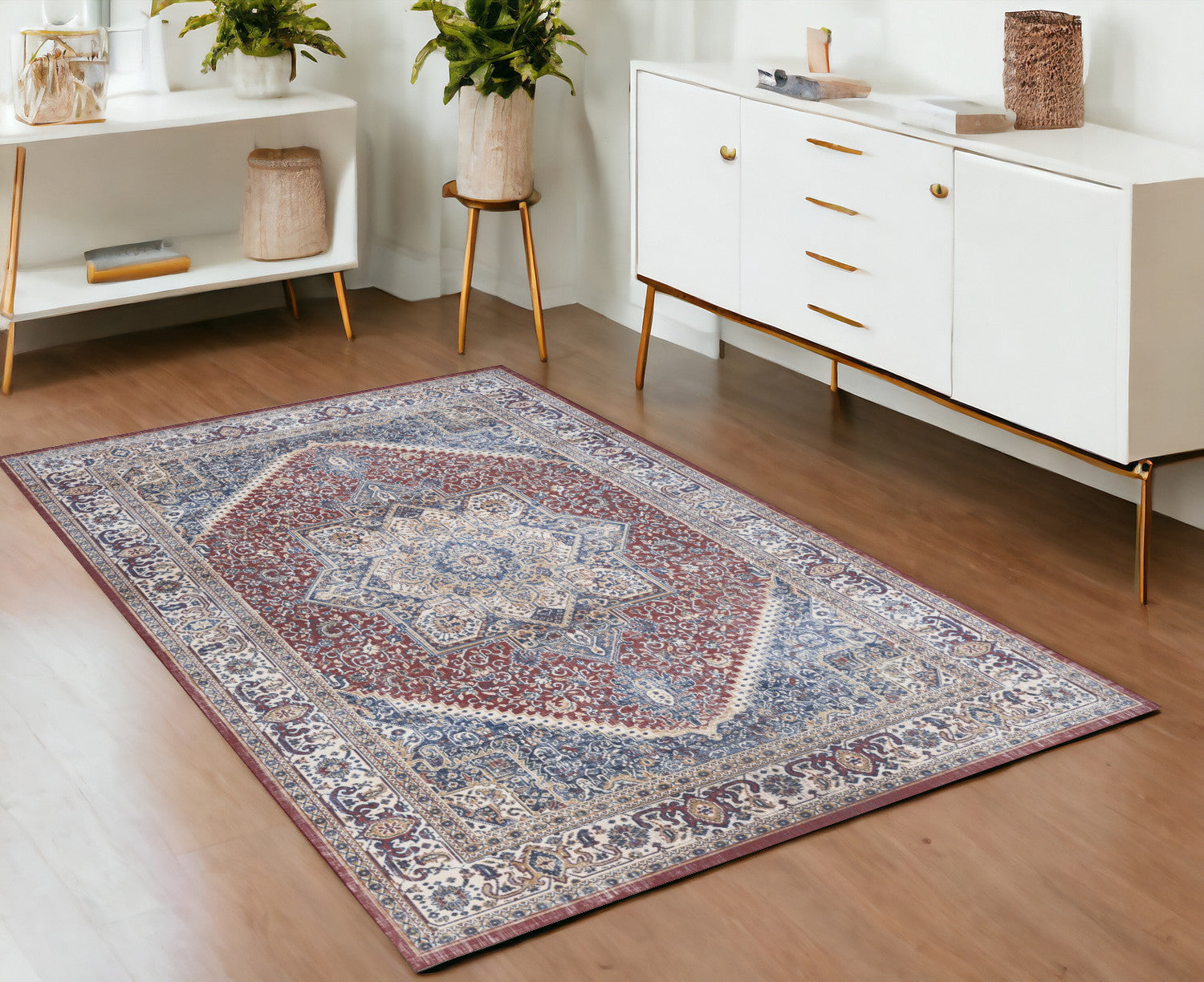 4' X 6' Blue and Red Floral Distressed Non Skid Area Rug