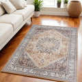 5' X 7' Beige Gold and Red Floral Medallion Distressed Non Skid Area Rug