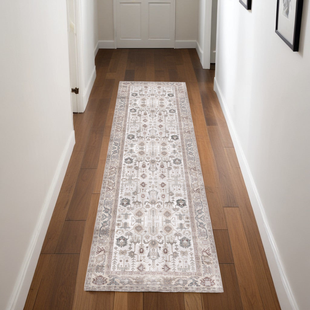 8' Ivory and Gray Tribal Distressed Non Skid Runner Rug