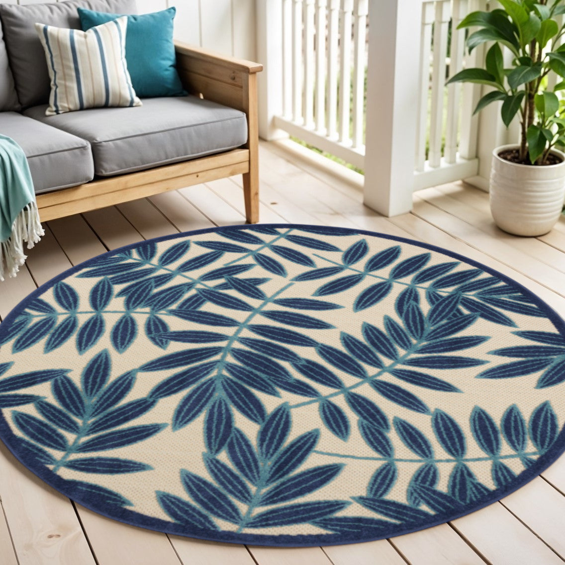 4 Navy Blue And Ivory Round Botanical Leaves Indoor Outdoor Area Rug
