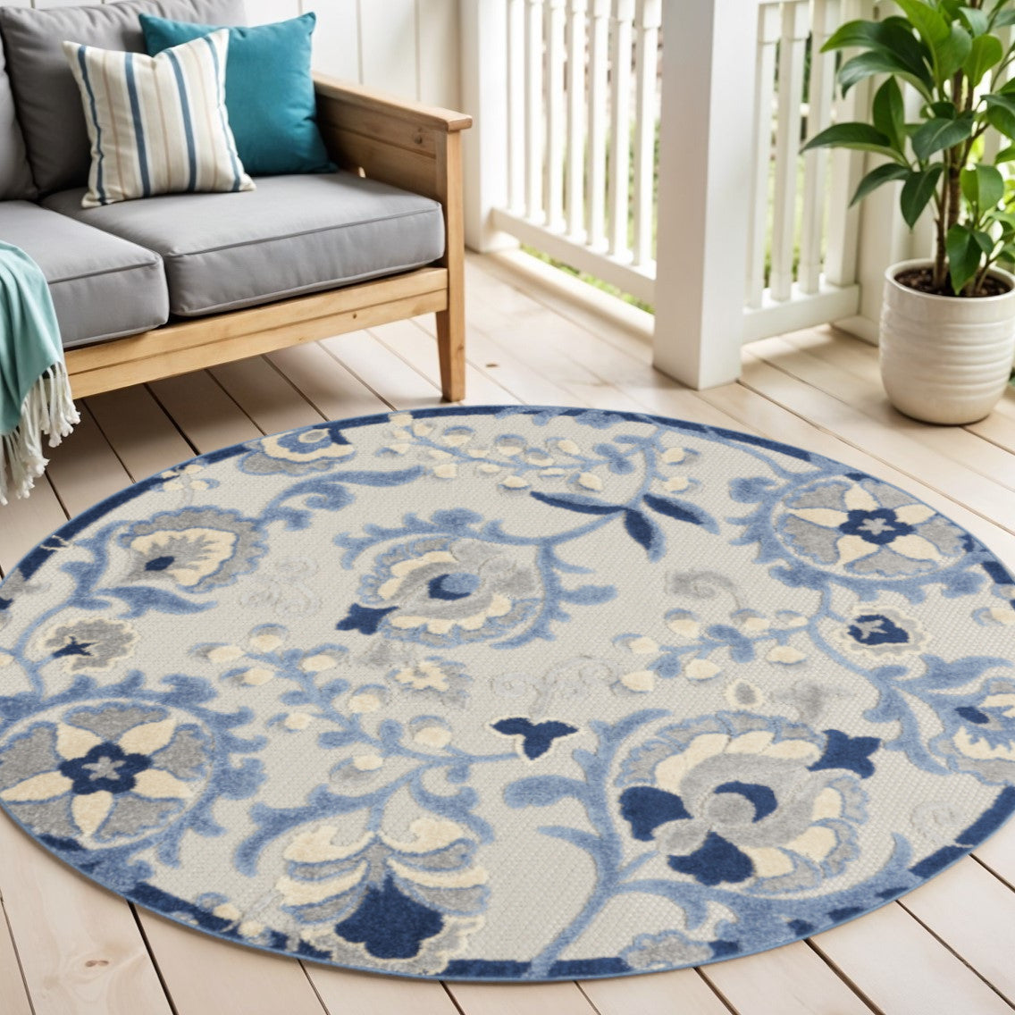 4 Blue And Gray Round Floral Indoor Outdoor Area Rug