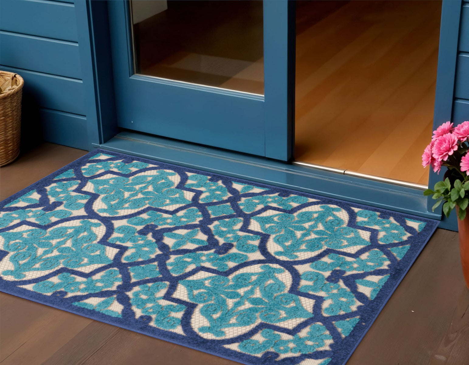3 X 4 Navy Blue Ivory And Blue Trellis Indoor Outdoor Area Rug