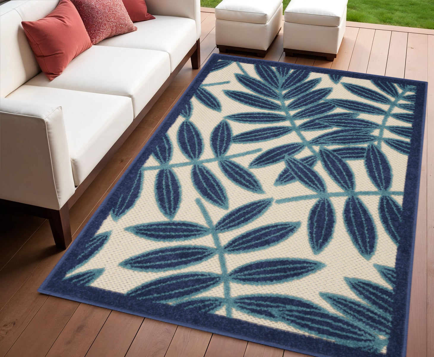 4 X 6 Navy Blue And Beige Palm Leaf Indoor Outdoor Area Rug