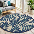 5 Navy Blue And Beige Round Palm Leaf Indoor Outdoor Area Rug