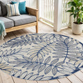 5 Navy Blue And Ivory Round Botanical Leaves Indoor Outdoor Area Rug