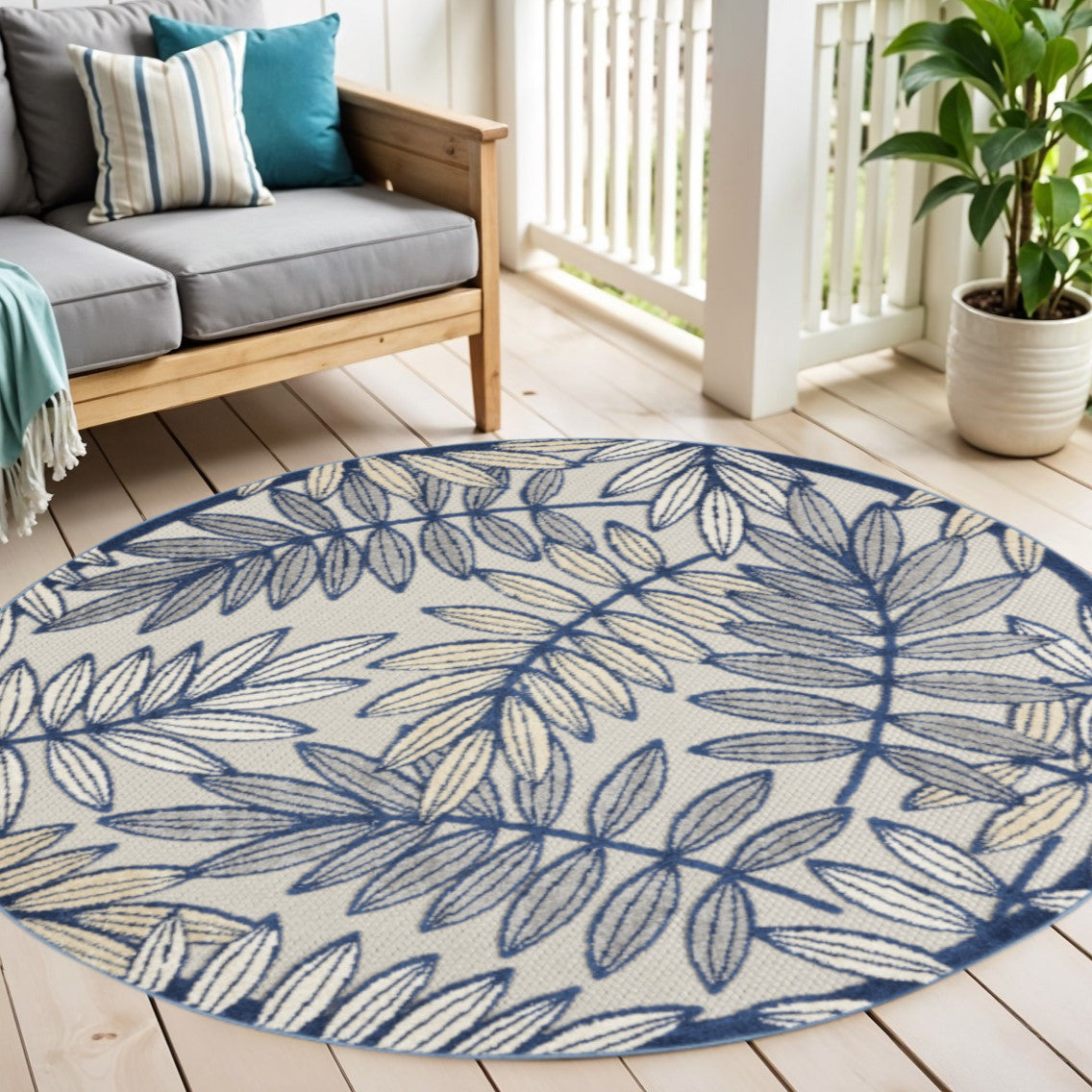 5 Navy Blue And Ivory Round Botanical Leaves Indoor Outdoor Area Rug