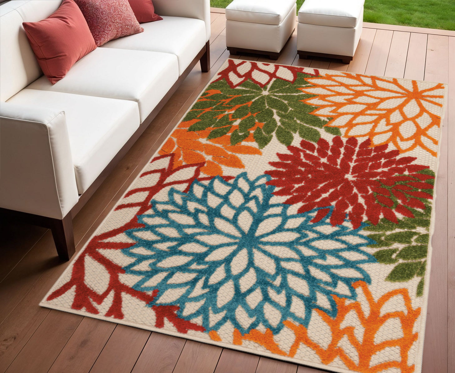 4 X 6 Orange Red Green And Blue Floral Indoor Outdoor Area Rug