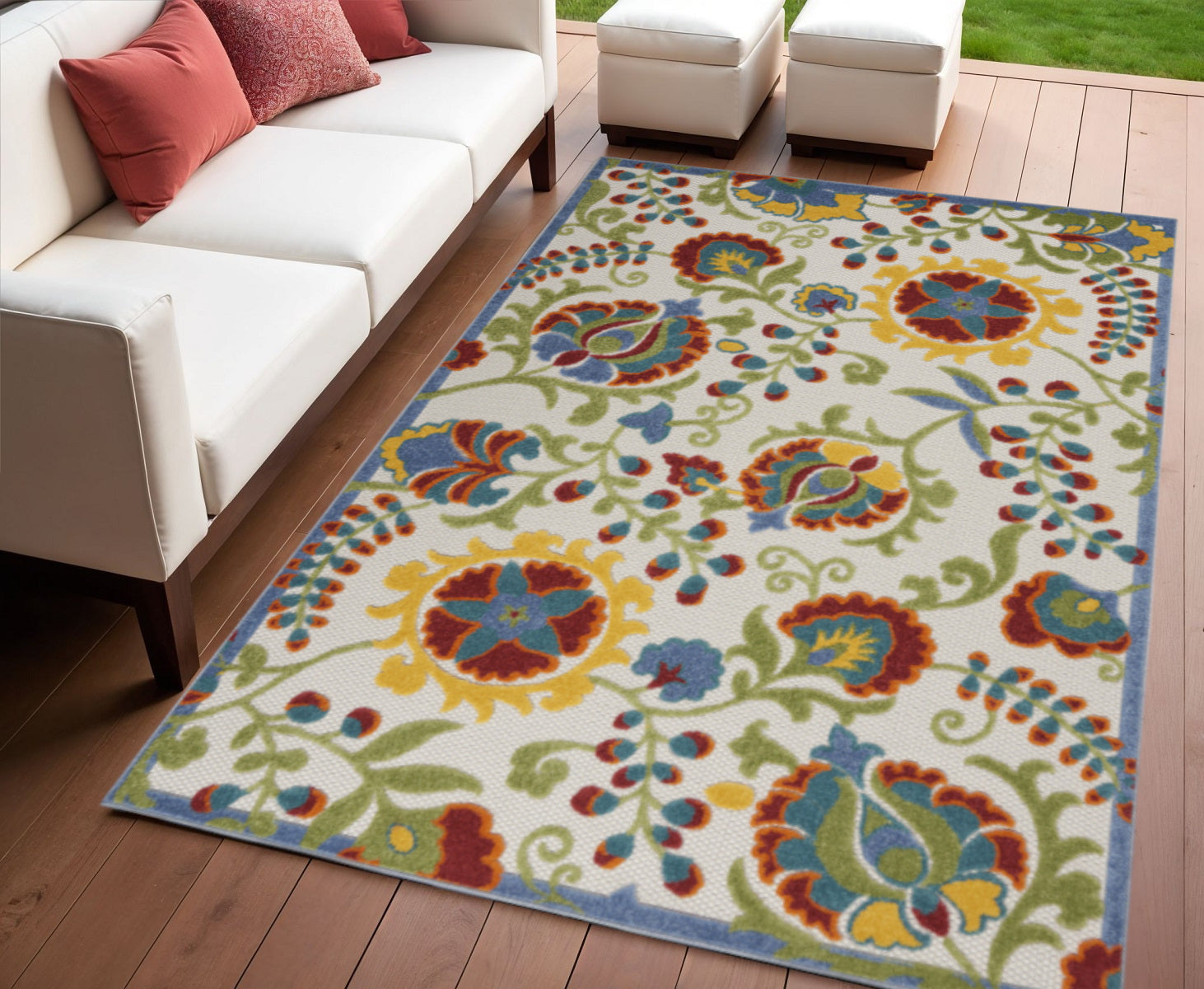 4 X 6 Ivory Red Green Blue And Yellow Floral Indoor Outdoor Area Rug