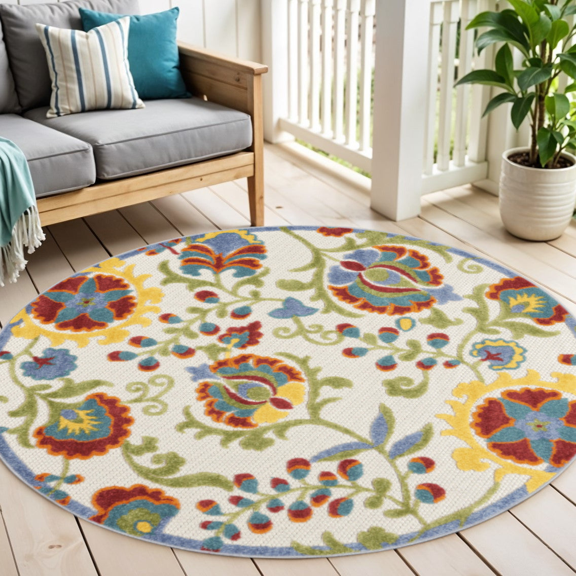 5 Ivory Red Green Blue And Yellow Round Floral Indoor Outdoor Area Rug