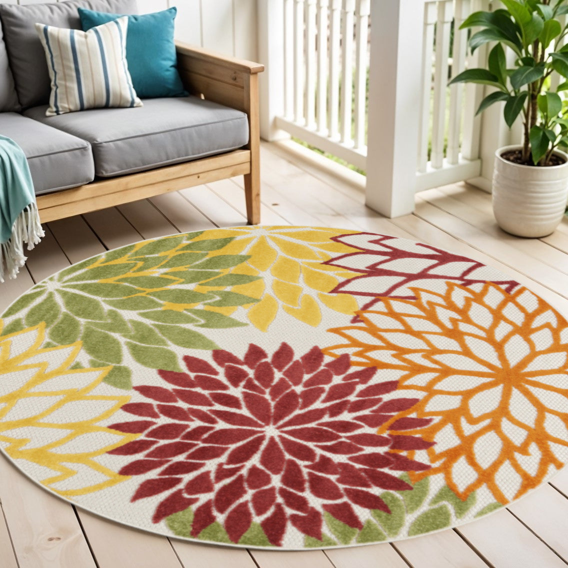 5 Red Yellow Green Orange And Ivory Round Floral Indoor Outdoor Area Rug