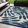 5 X 8 Navy Blue And Ivory Palm Leaf Indoor Outdoor Area Rug