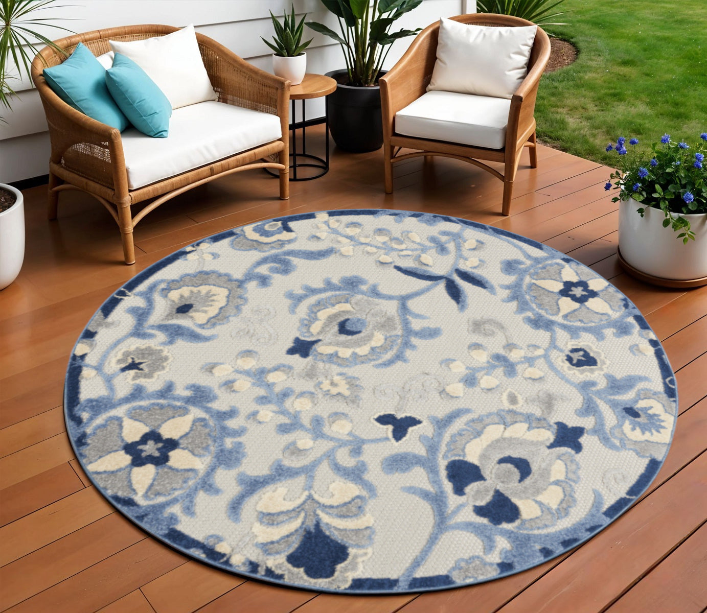 8 Blue And Gray Round Floral Indoor Outdoor Area Rug