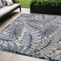 5 X 8 Navy Blue And Ivory Botanical Leaves Indoor Outdoor Area Rug
