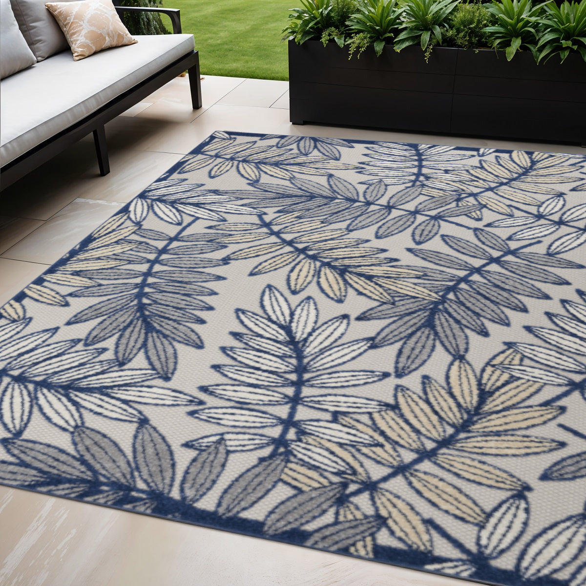 5 X 8 Navy Blue And Ivory Botanical Leaves Indoor Outdoor Area Rug