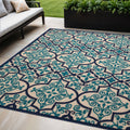 5 X 8 Navy Blue And Ivory Trellis Indoor Outdoor Area Rug