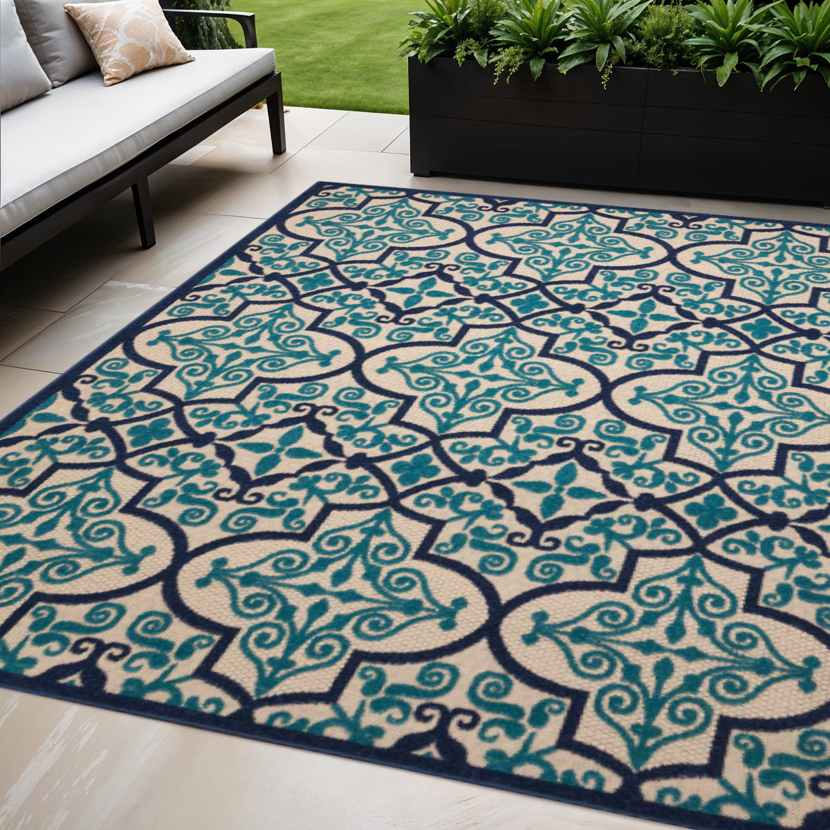 5 X 8 Navy Blue And Ivory Trellis Indoor Outdoor Area Rug
