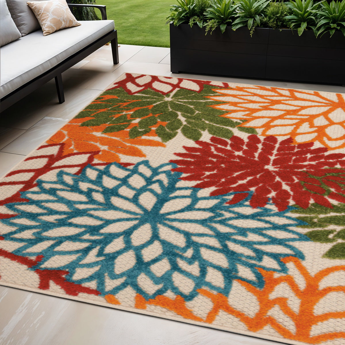 5 X 8 Ivory Green Blue Red And Orange Floral Indoor Outdoor Area Rug