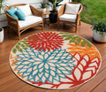 8 Ivory Green Blue Red And Orange Round Floral Indoor Outdoor Area Rug