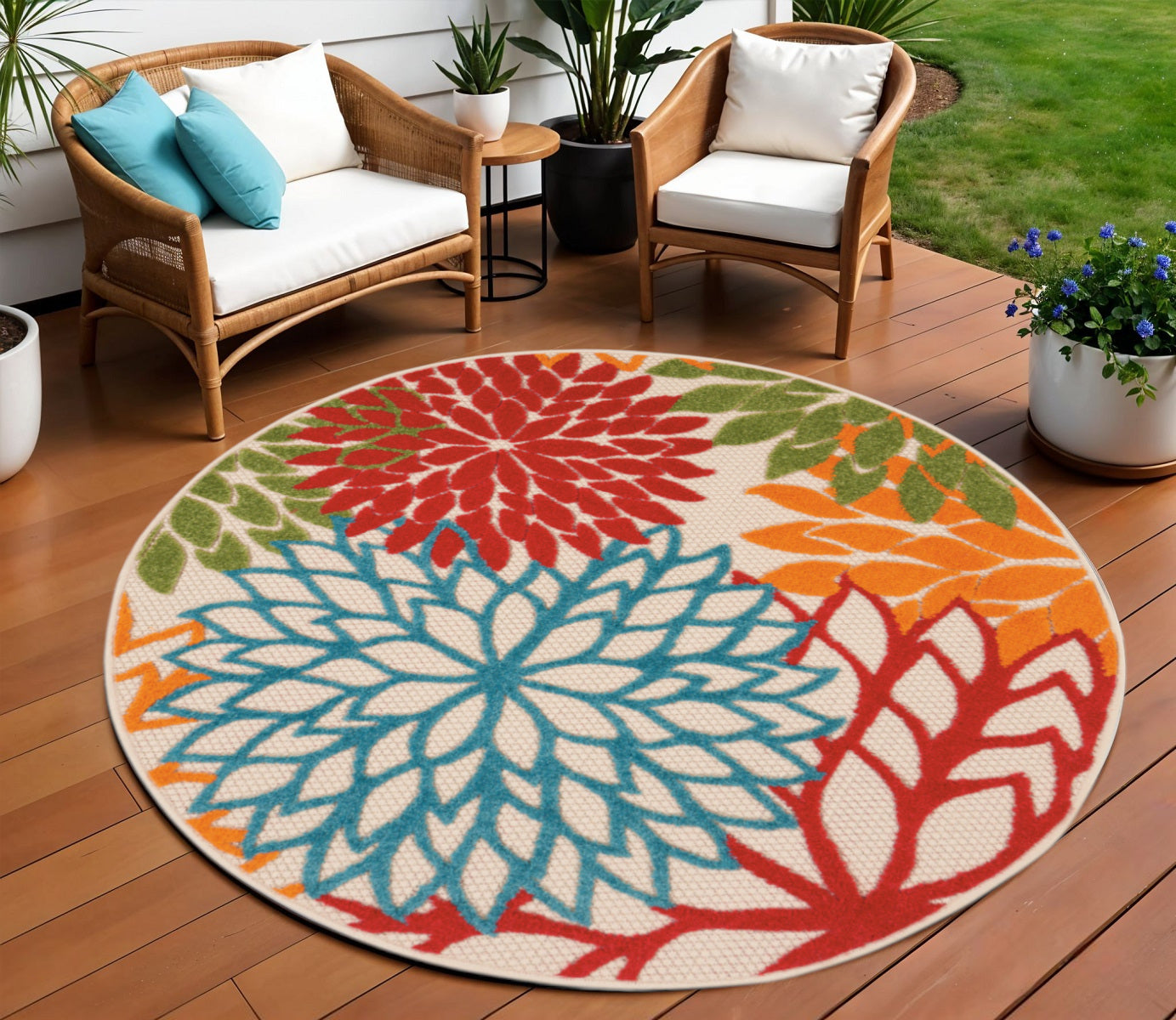 8 Ivory Green Blue Red And Orange Round Floral Indoor Outdoor Area Rug