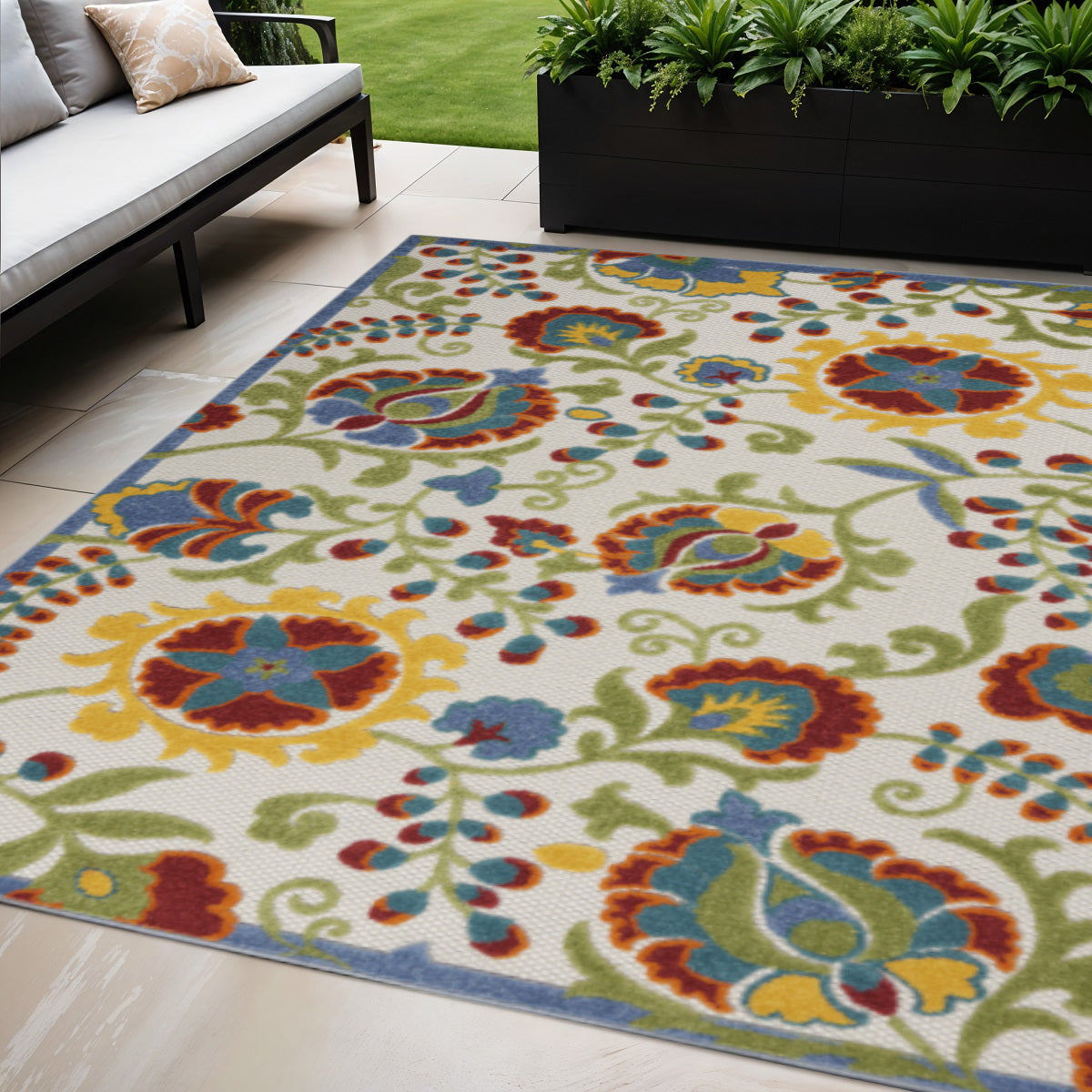 5 X 8 Ivory Green Red And Yellow Floral Indoor Outdoor Area Rug