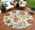 8 Ivory Green Red And Yellow Round Floral Indoor Outdoor Area Rug