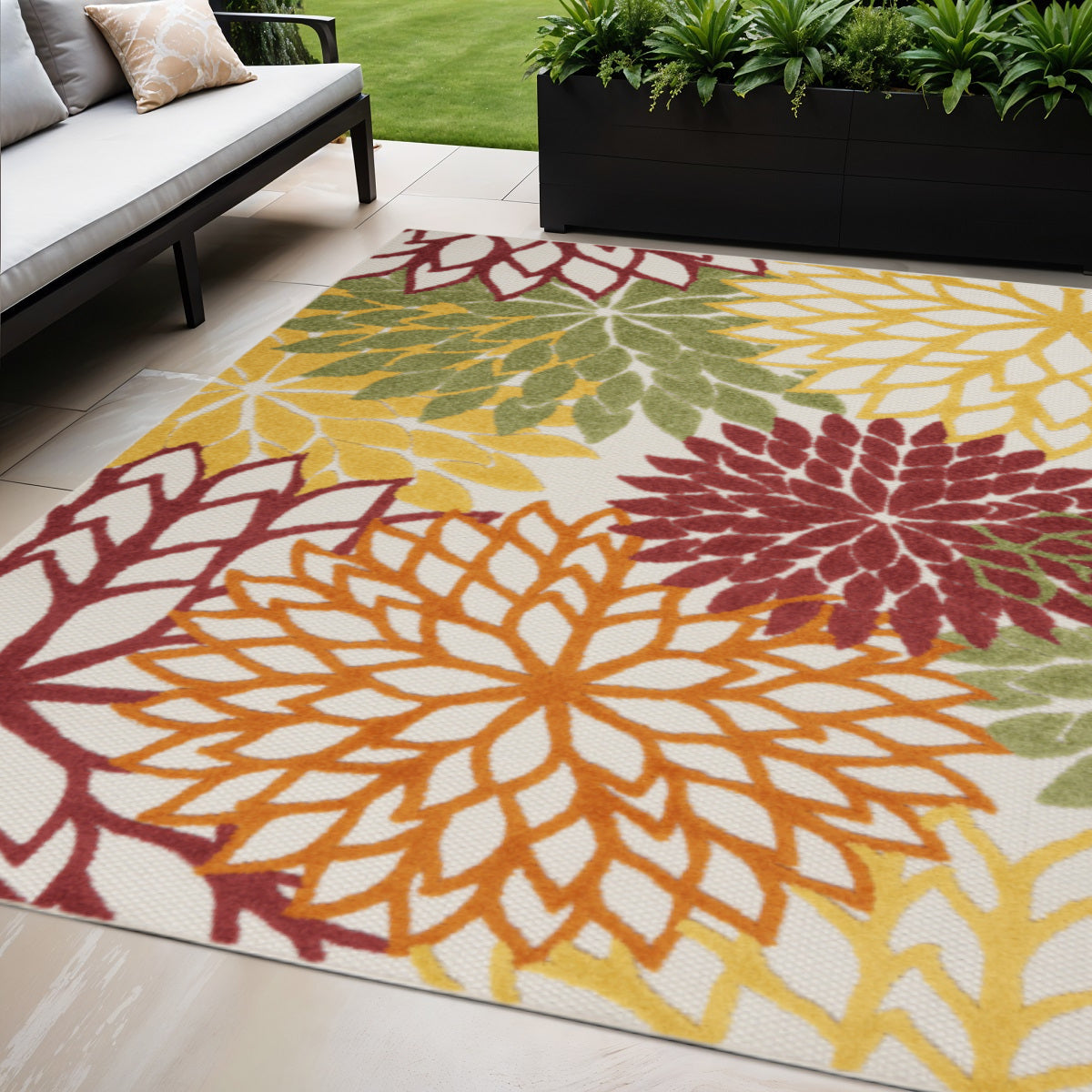 5 X 8 Ivory Yellow Orange And Green Floral Indoor Outdoor Area Rug