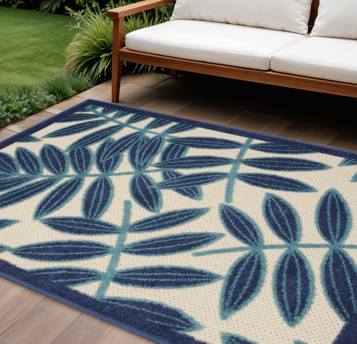 7 X 10 Navy Blue And Beige Botanical Leaves Indoor Outdoor Area Rug