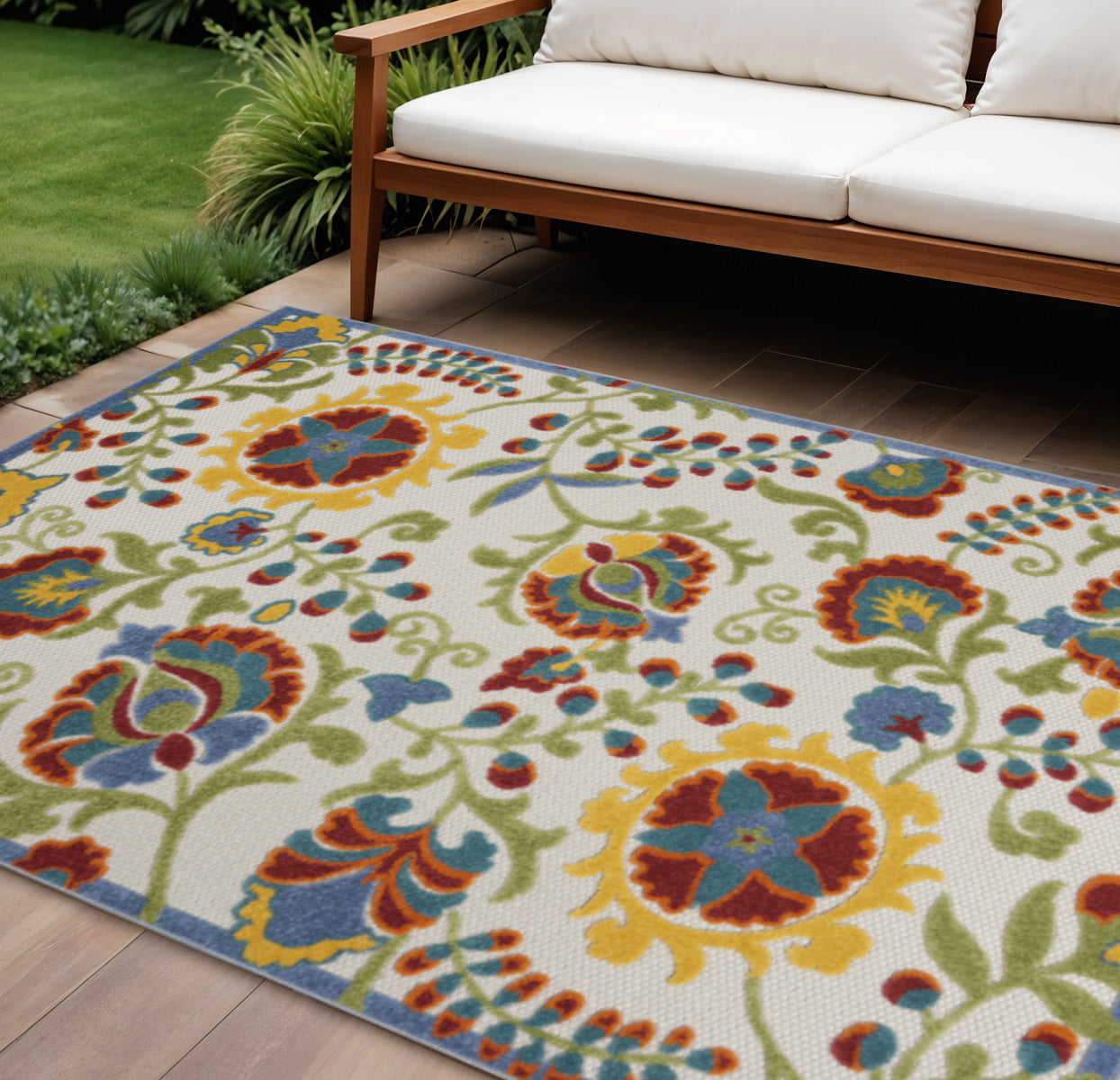 7 X 10 Ivory Green Red And Yellow Floral Indoor Outdoor Area Rug