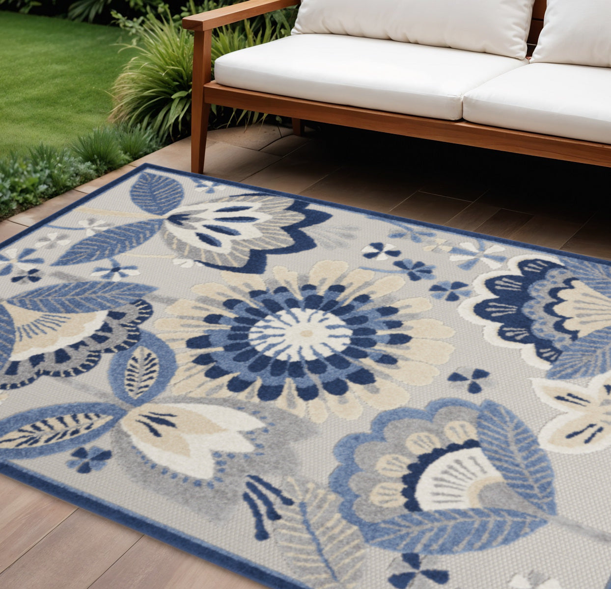 8 X 11 Blue And Gray Floral Indoor Outdoor Area Rug