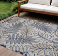 8 X 11 Navy Blue And Ivory Botanical Leaves Indoor Outdoor Area Rug