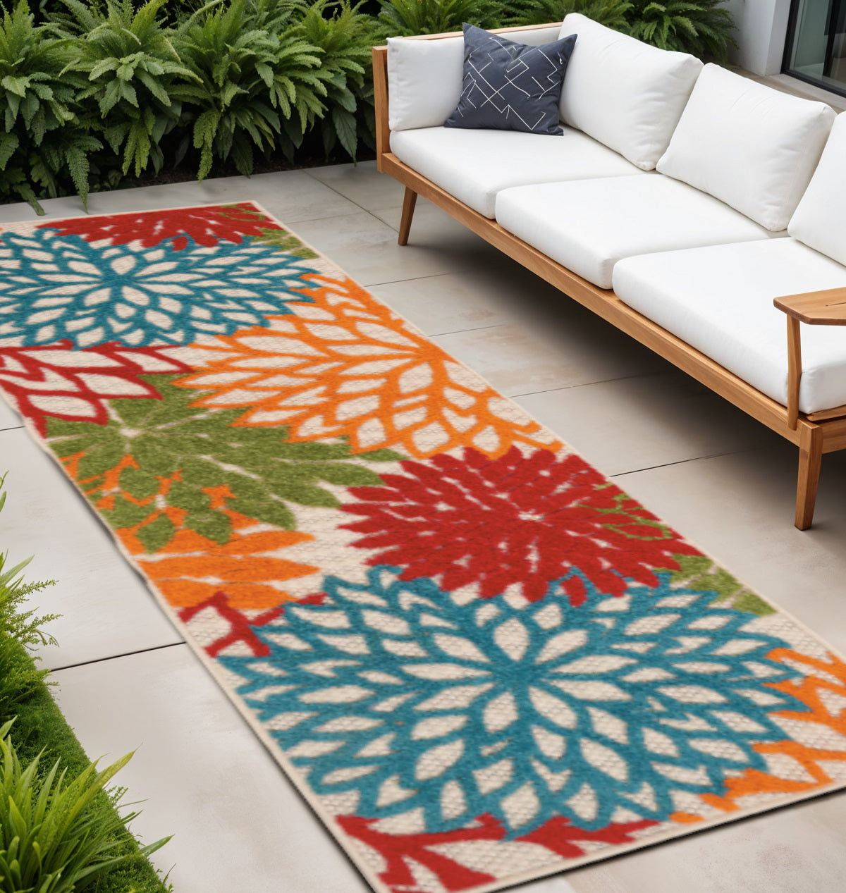 12 Ivory Green Blue Red And Orange Floral Indoor Outdoor Runner Rug