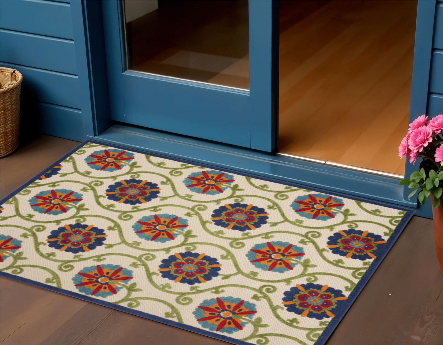 3 X 4 Navy Blue Beige Green Blue And Red Floral Indoor Outdoor Area Rug