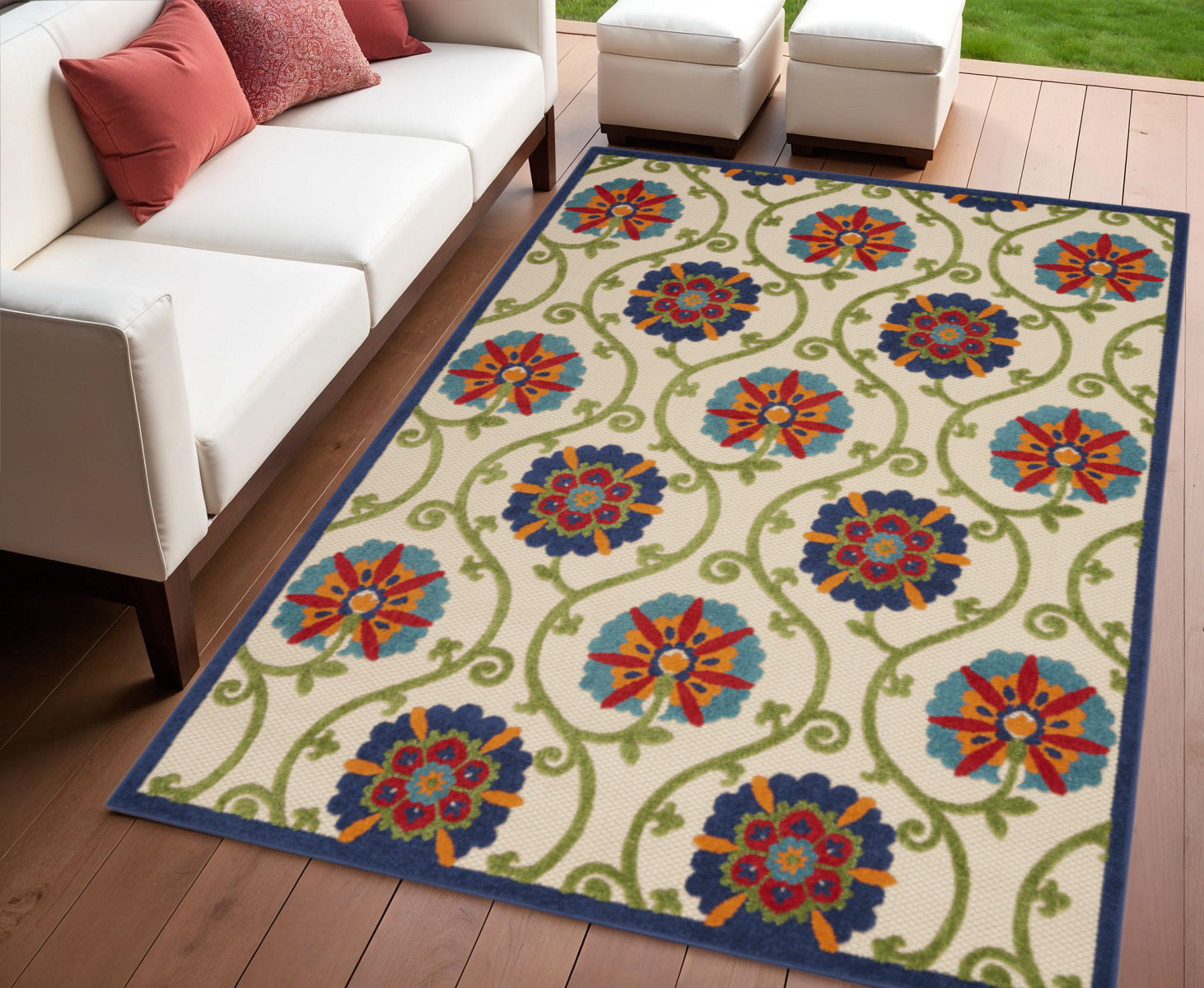 4 X 6 Navy Blue Beige Green Blue And Red Floral Indoor Outdoor Area Rug