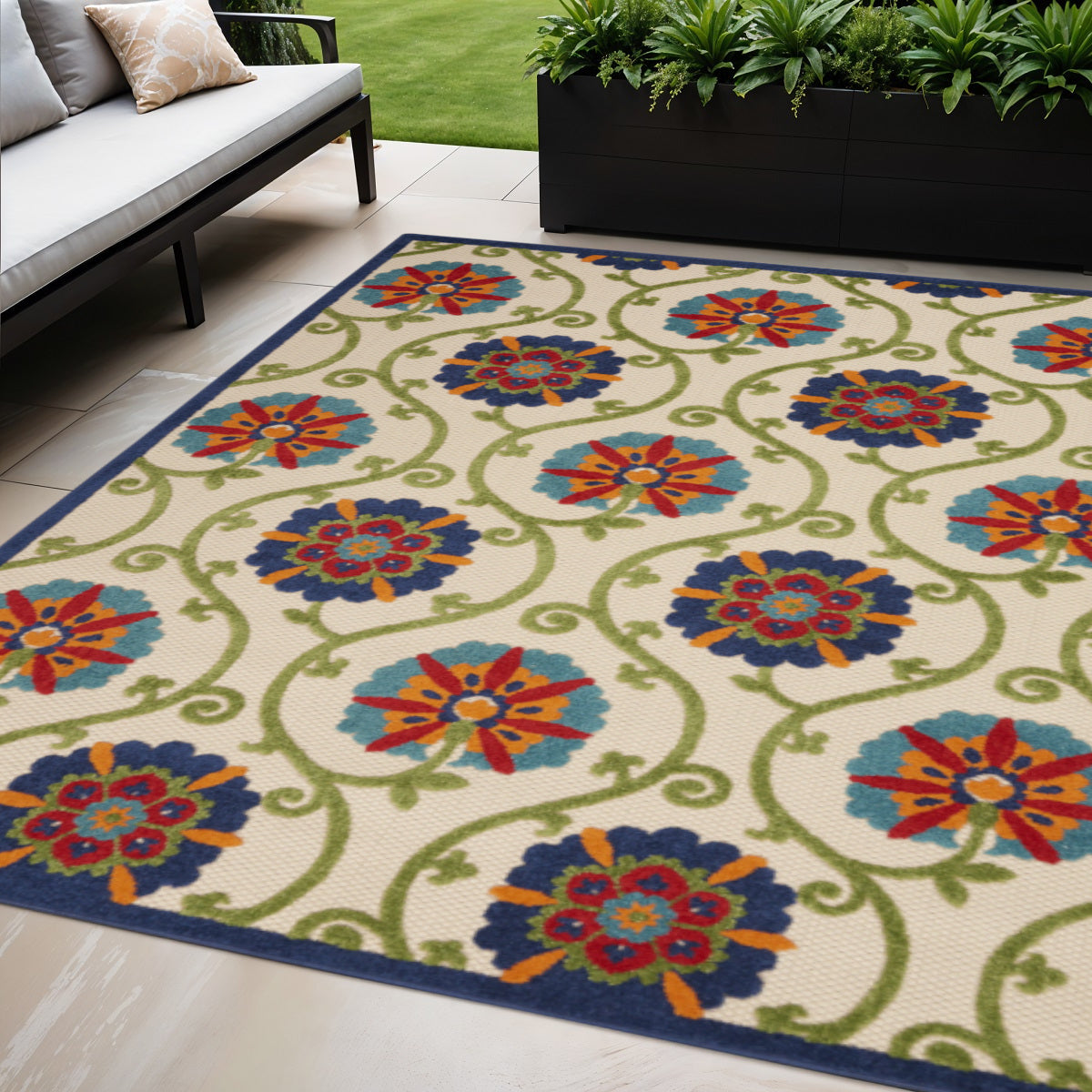 5 X 8 Navy Blue Beige Green Blue And Red Floral Indoor Outdoor Area Rug